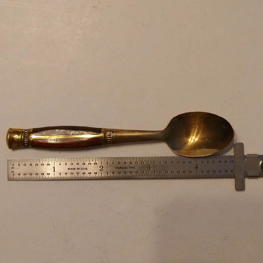 6 Vintage Brass and Rosewood Demitasse Spoons in Original Red Velvet case